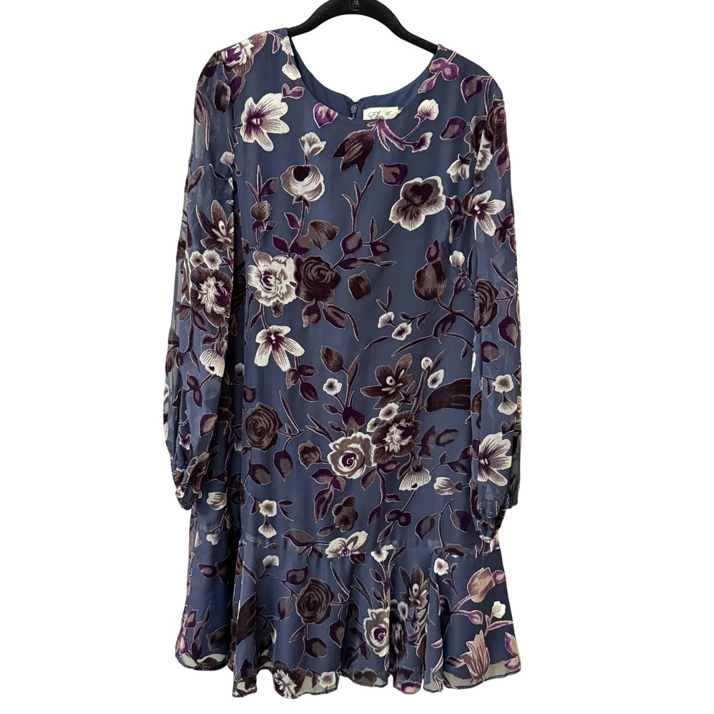 Eliza J Womens Burnout Velvet Floral Flounce Hem Dress Size 12 Blue Long Sleeve